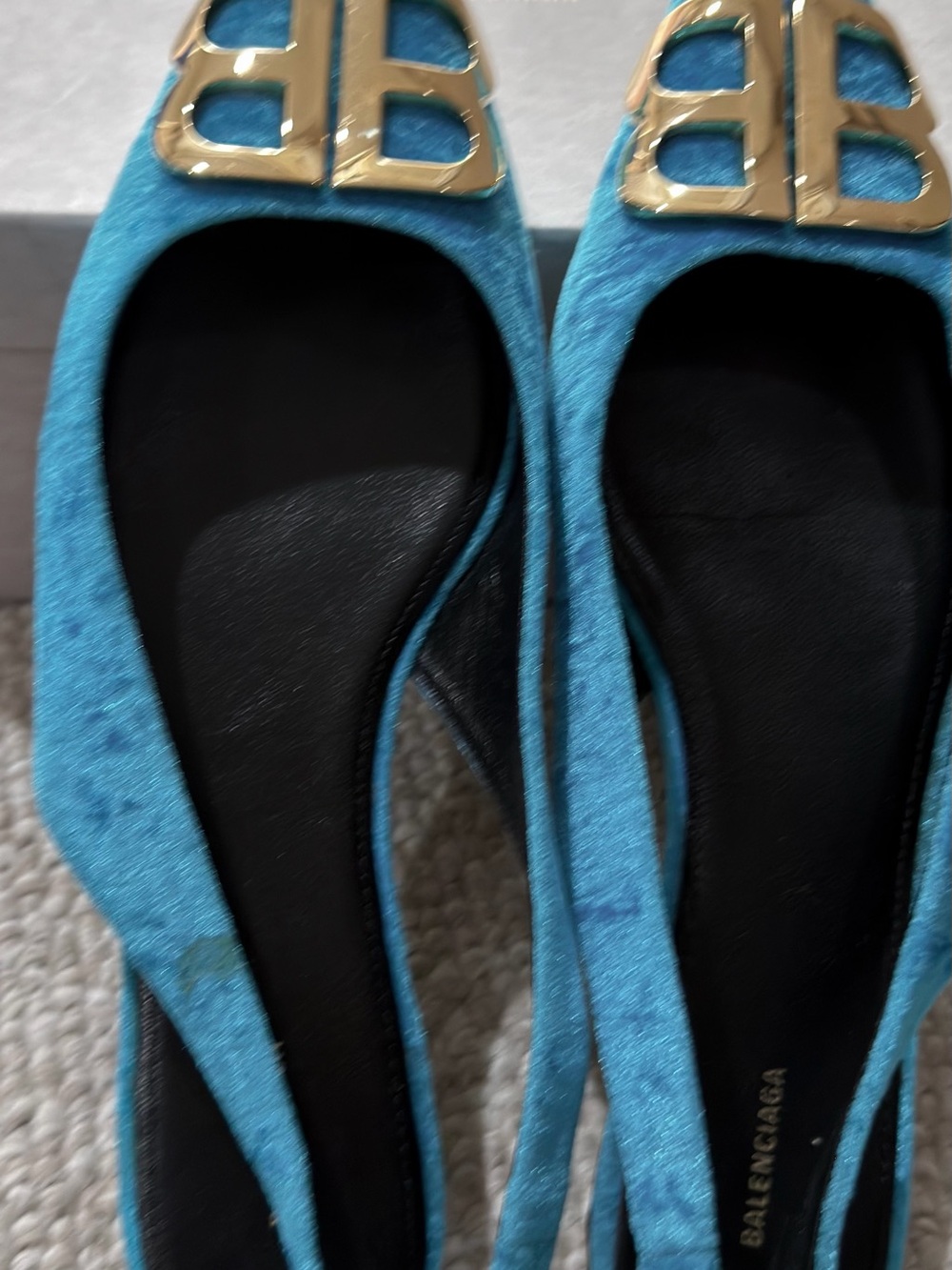 Balenciaga Teal Velvet Slingback Flats with Gold BB Logo - Picture 11 of 17